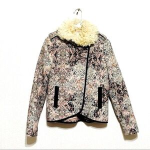 Elevenses Anthropologie Paisley Fur Collar Moto WOOL Jacket Size S -US: 6